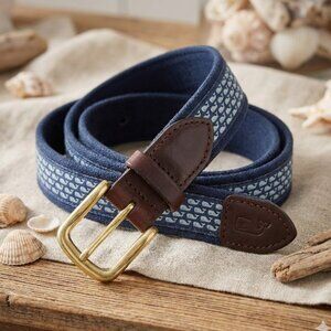 Vineyard Vines Belt Micro Whale Navy Blue Canvas Leather Brass Buckle Mens Sz 36